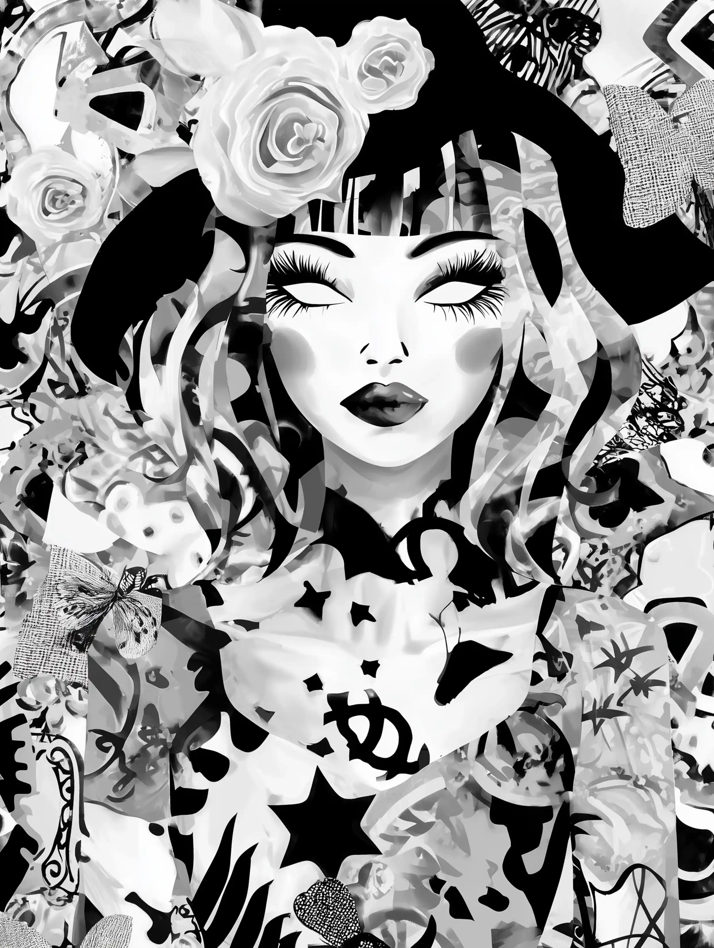 Free printable witch coloring page for adults featuring a witch with no pupils